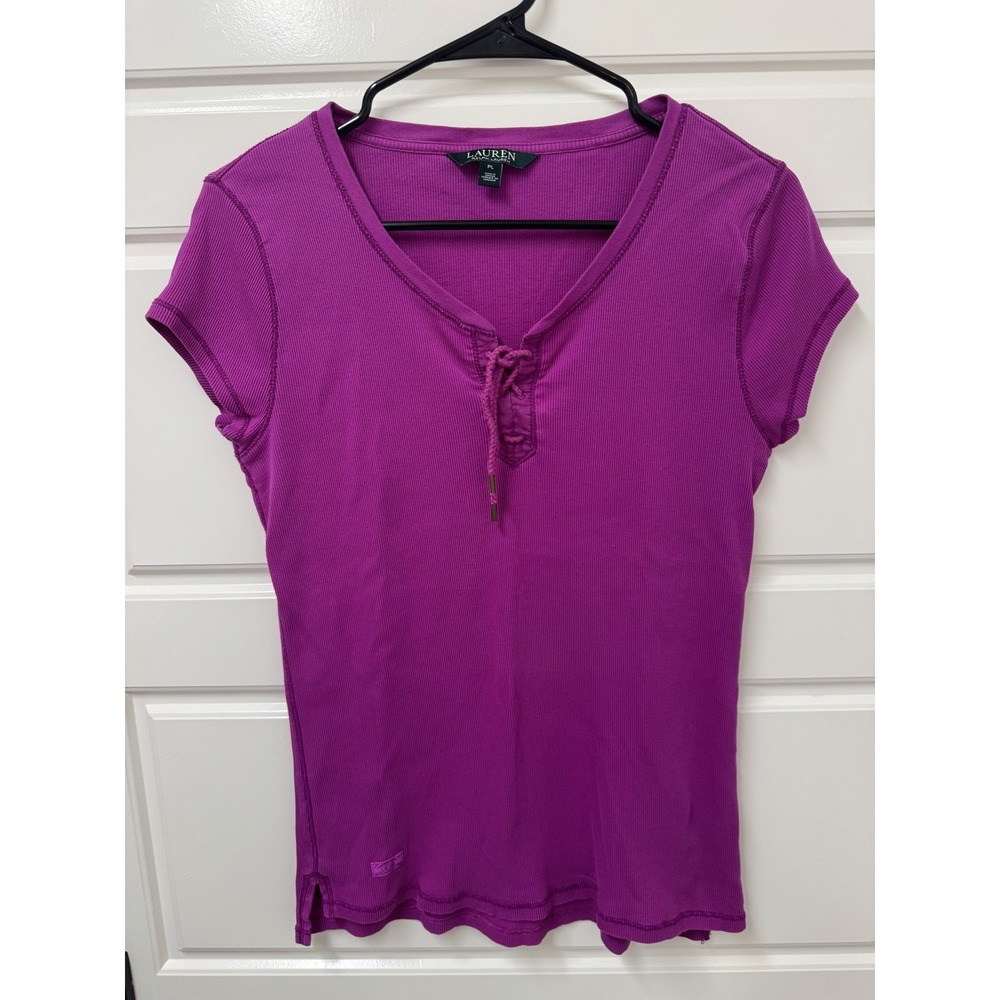 Lauren Ralph Lauren Womens Purple Ribbed Tassel Tie Top Pullover PL Petite Large